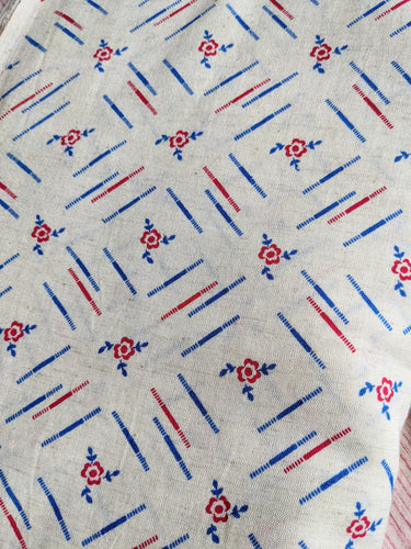 Off White Cotton Fabric In Red and Blue Floral Print, Handloom Fabric, Quilting Fabric